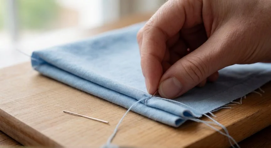 como coser sin que se vea la costura, Manos realizando una costura francesa en tela de algodón mostrando el acabado limpio sin bordes visibles
