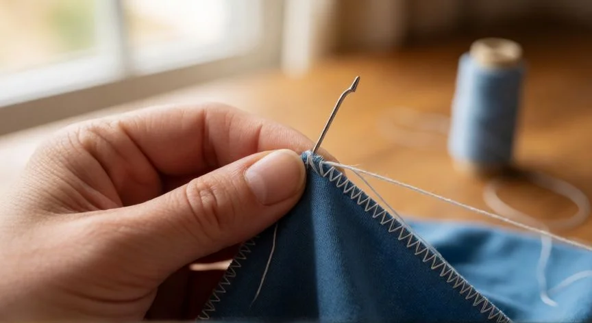 Manos cosiendo a mano una tela elástica de lycra con aguja curva y puntada zigzag
