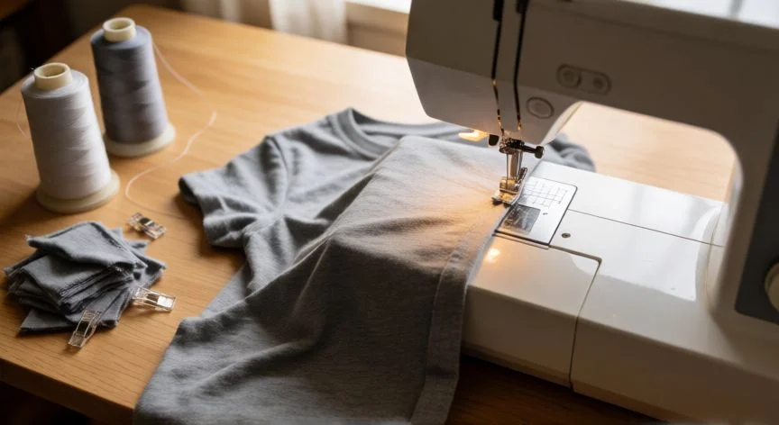 Máquina de coser uniendo tela de camiseta jersey con puntada recta y pie de arrastre