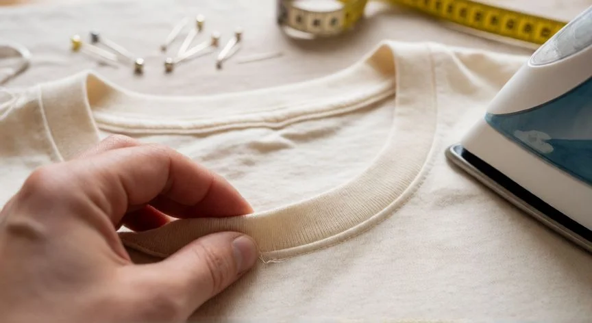 como coser tela de camiseta a máquina, Acabado del cuello de una camiseta casera con cinta de rib cosida a máquina
