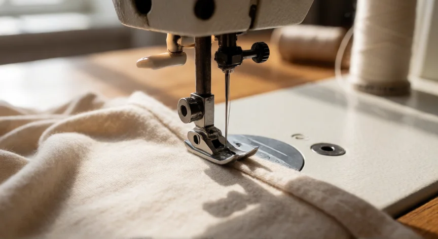 como coser tela de punto a maquina, Aguja de punta de bola cosiendo tela de punto sin cortar los bucles