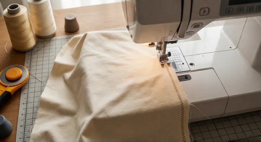 como coser tela de punto a maquina, Zigzag angosto sobre tela elástica con pie de doble arrastre y cúter rotativo