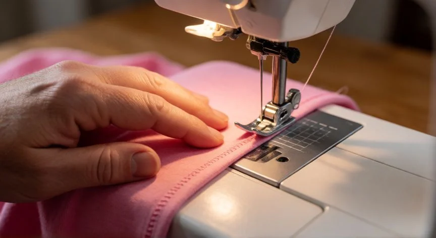 como coser tela elastica, Manos cosiendo tela elástica rosa con puntada zigzag en máquina de coser doméstica