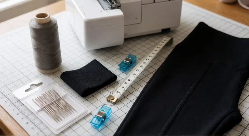 como coser tela elastica, Materiales y herramientas para coser tela elástica: agujas stretch, hilo poliéster, clips y remalladora