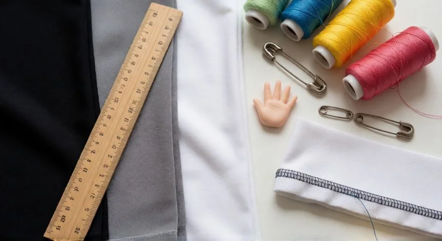 como coser tela elástica a mano, Mesa de costura con telas elásticas, hilos, agujas y una muestra de dobladillo cosido a mano