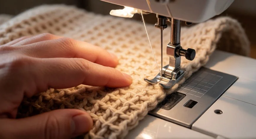 como coser tela waffle a maquina, Manos cosiendo tela waffle frotteur en una máquina de coser doméstica con pie de arrastre