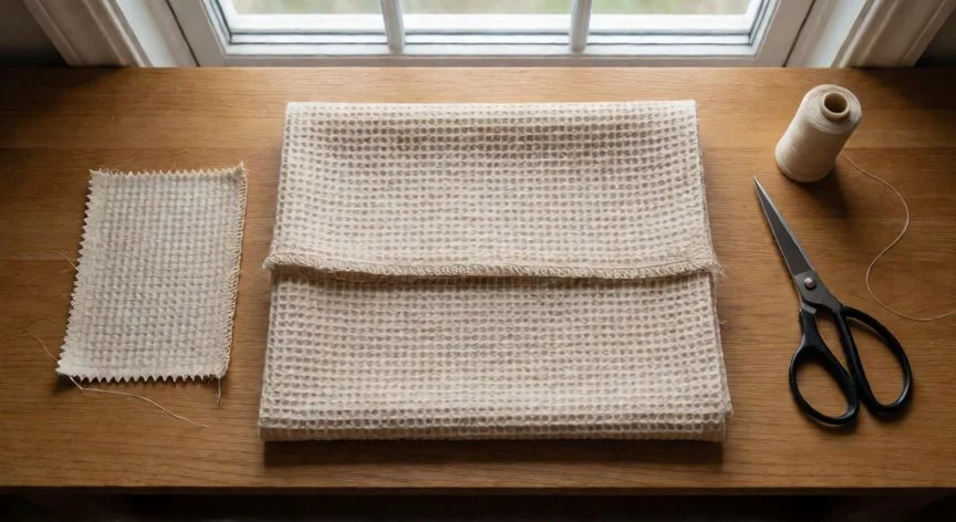 como coser tela waffle a maquina, Vista cenital de tela waffle doblada y cosida con puntada recta y remate zigzag sobre mesa de trabajo
