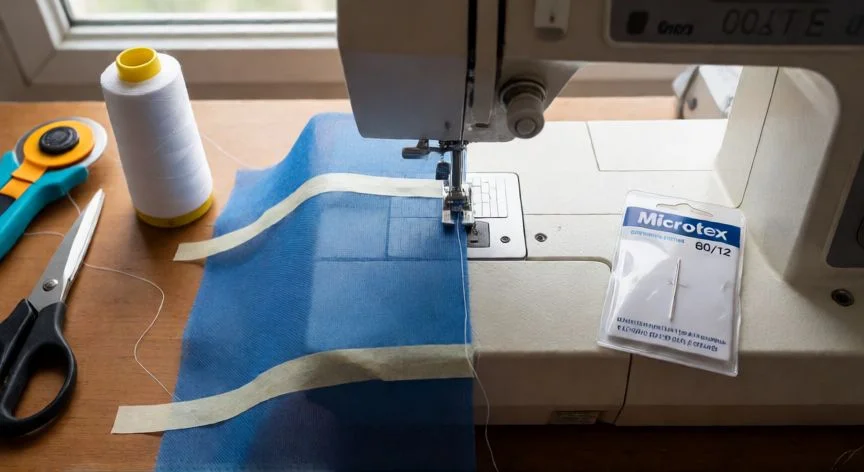 como coser textilene, Máquina de coser con prensatelas rodillo cosiendo una pieza de textilene azul sobre mesa de trabajo