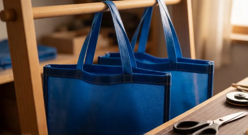 como coser textilene, Bolsas de playa de textilene azul terminadas colgadas en un taller con herramientas de corte sobre la mesa