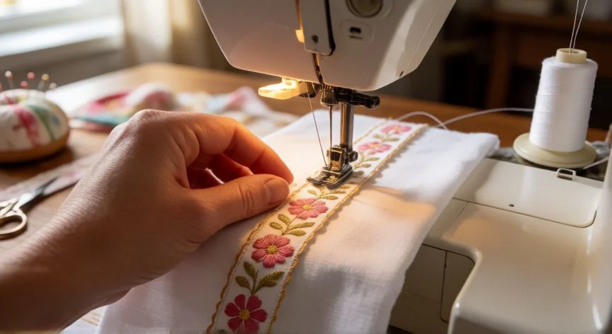 como coser tira bordada, Manos cosiendo una tira bordada floral con máquina de coser sobre tela de algodón blanca