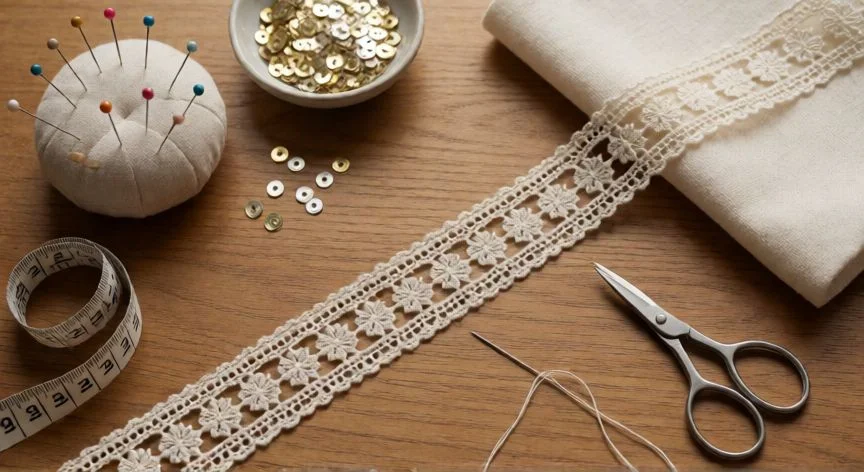 como coser tira bordada, Mesa de trabajo de costura con tira bordada, agujas, hilos y herramientas de manualidad desde arriba