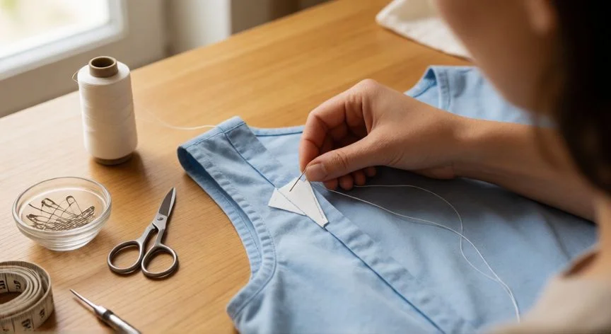 como coser tirantes de vestido, Manos cosiendo un tirante de tela con refuerzo triangular en el hombro de un vestido de algodón azul