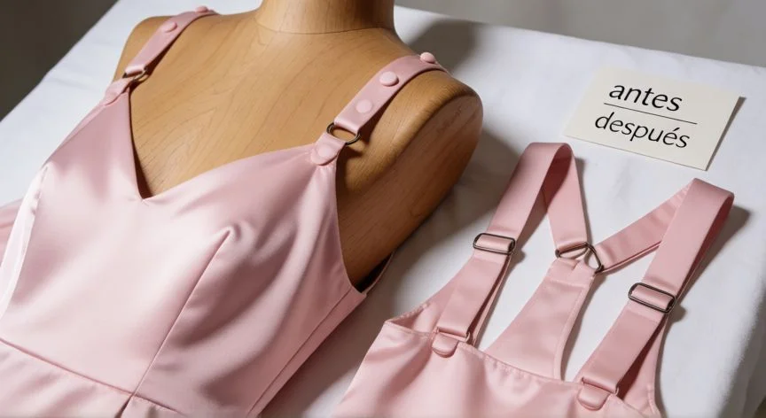 como coser tirantes de vestido, Vestido de satén rosa con tirantes regulables terminados y tirantes anchos alternativos sobre un maniquí de costura