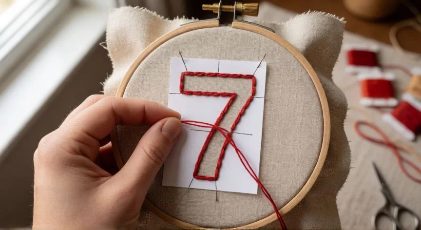como coser un 7, Manos bordando el número 7 con puntada atrás en lino dentro de un bastidor
