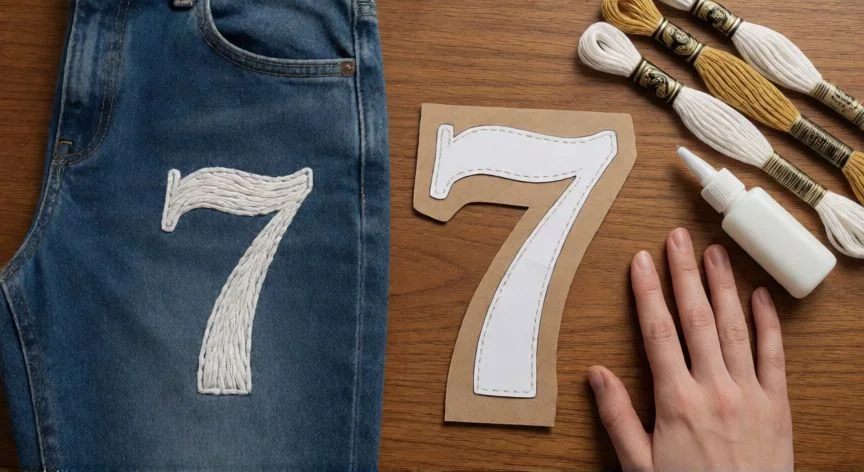 como coser un 7 en un pantalon, Mesa de costura con pantalón vaquero que muestra un 7 bordado en blanco, plantilla de cartulina, carretes de hilo y pegamento textil