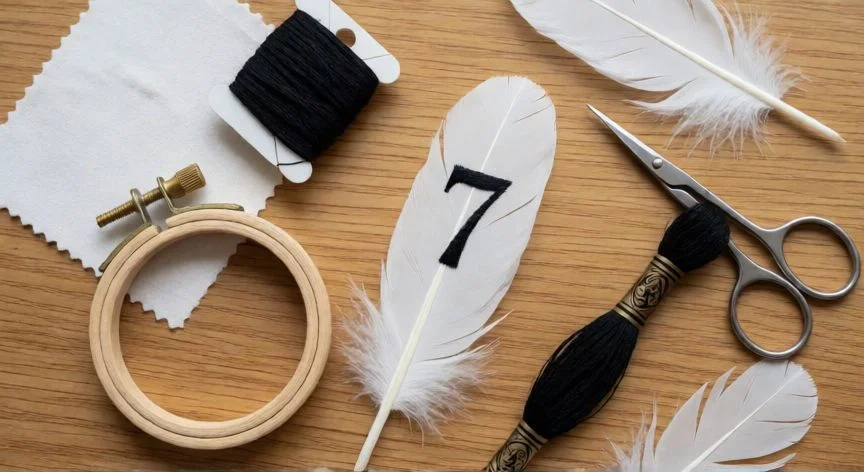 como coser un 7 en un plumas, Mesa de trabajo con pluma bordada con el número 7, aguja, hilo negro y tijeras de bordar