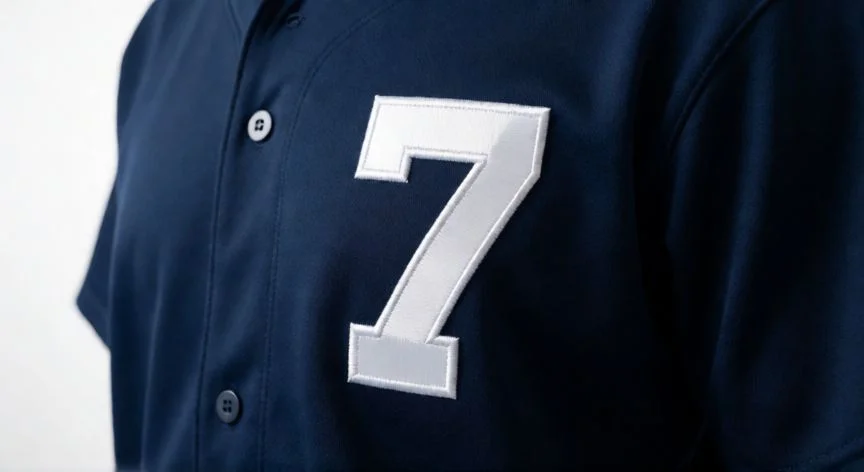 como coser un 7 en una camisa, Camiseta de béisbol azul marino con el número 7 bordado en blanco en el pecho izquierdo