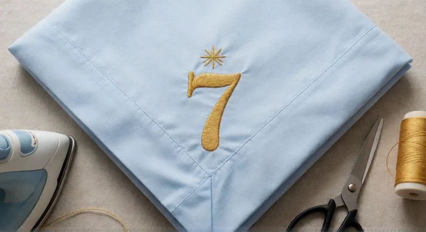 como coser un 7 en una sabana, Esquina de sábana percal azul claro con número 7 bordado en hilo dorado puntada satén y una estrella decorativa