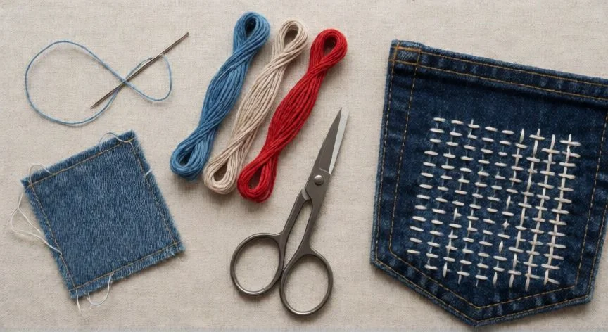 como coser un agujero, Kit de costura con parche de mezclilla y bolsillo remendado con puntada sashiko visible