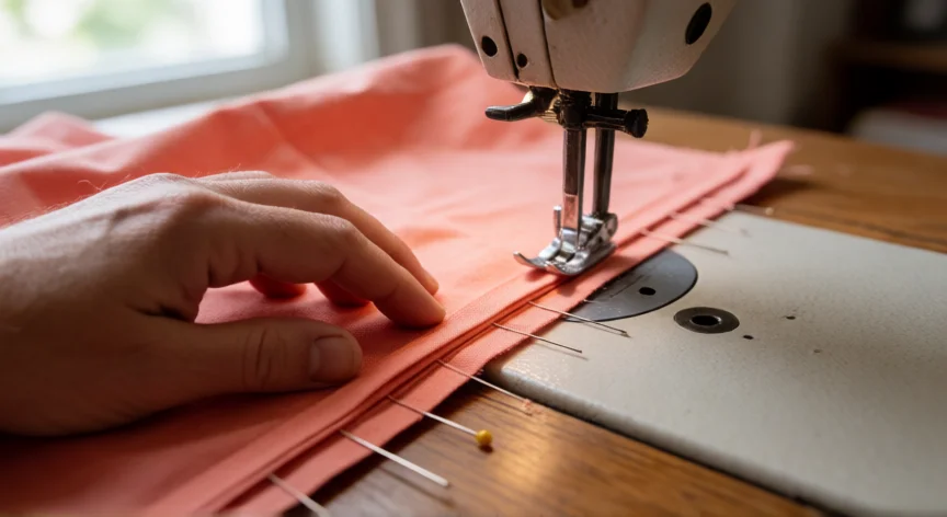 como coser un bies a máquina, Manos guiando cinta al bies bajo el prensatelas de una máquina de coser