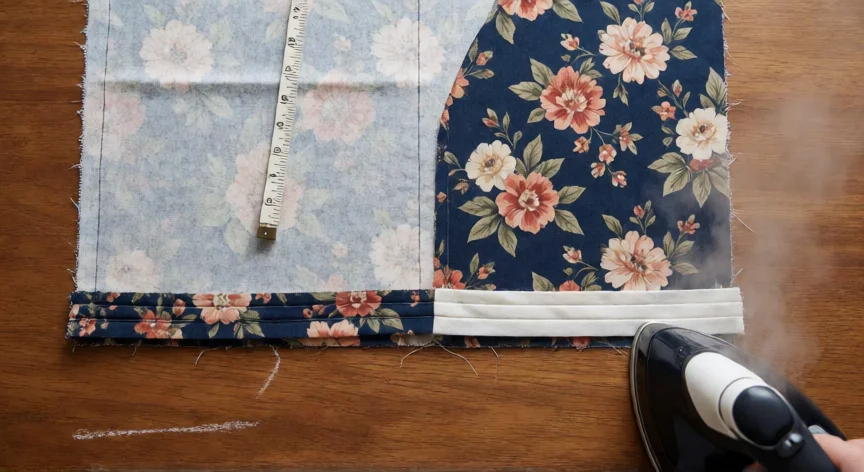 como coser un bies a máquina, Planchado de cinta al bies doblada en tercios sobre tabla de madera