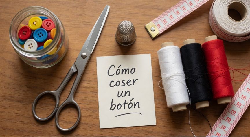 como coser un boton, Kit de costura con botones, hilo, tijeras y notas sobre cómo coser un botón dispuesto sobre mesa de madera