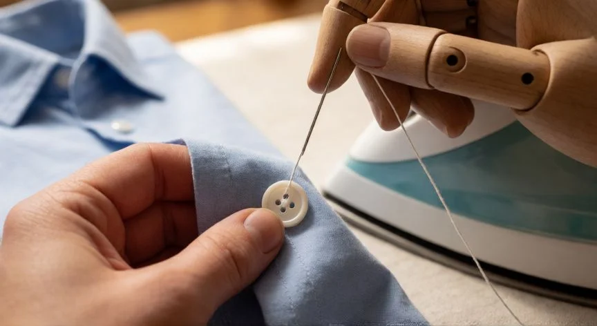 como coser un botón de 1 agujero, Manos cosiendo un botón de un solo agujero con aguja e hilo sobre tela de algodón azul