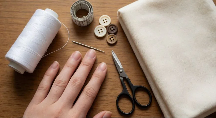 como coser un botón de 1 agujero, Materiales de costura sobre mesa de madera: hilo, aguja, tijeras y botones de un agujero