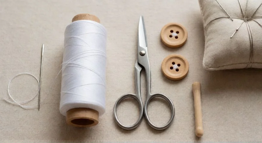 como coser un botón de 2 agujeros, Kit de costura con aguja, hilo de poliéster, tijeras y botones de dos agujeros sobre tela beige