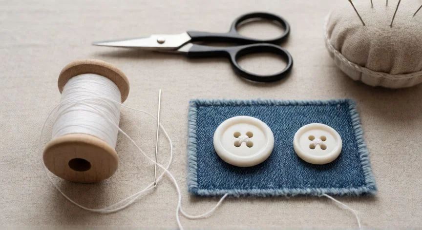 como coser un boton de 4, Kit de costura con aguja, hilo, tijeras y botón de 4 agujeros cosido sobre parche de mezclilla
