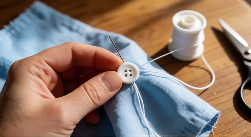 como coser un botón wikihow, Manos cosiendo un botón blanco en tela azul claro con aguja e hilo
