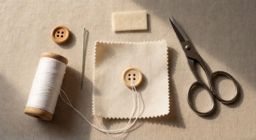 como coser un botón wikihow, Kit de costura con botón, aguja, hilo, tijeras y tela sobre superficie de lino