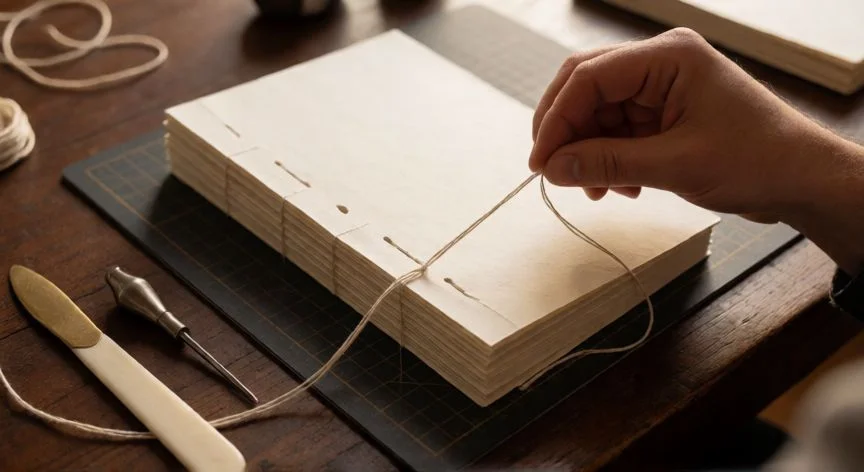 Manos cosiendo a mano los cajis de un cuaderno de 300 hojas con aguja e hilo encerado sobre mesa de trabajo