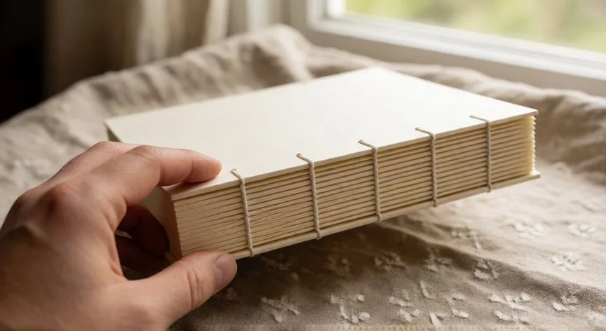 como coser un cuaderno de 300 hojas, Cuaderno artesanal de 300 hojas cosido con técnica copta, lomo expuesto con puntadas visibles, abierto completamente plano