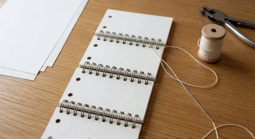 Proceso de coser un expediente con hilo encerado pasando por los 4 agujeros perforados en las hojas