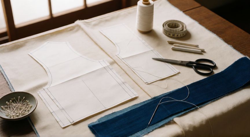 como coser un kimono a mano, Mesa de trabajo con tela, patrón y agujas para coser un kimono a mano