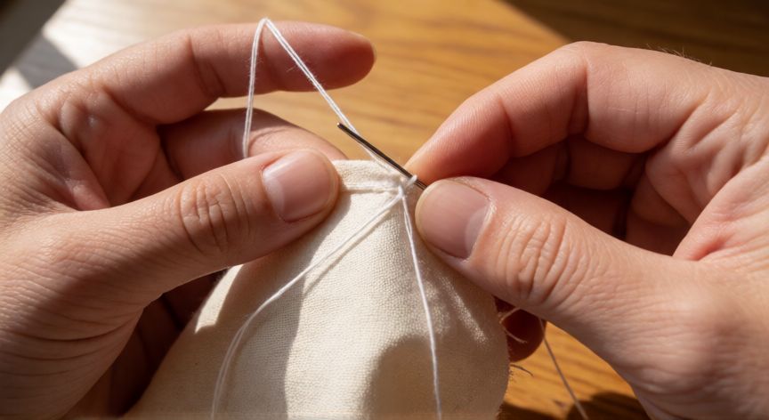como coser un kimono a mano, Manos cosiendo a mano tela con puntada de retorno para un kimono