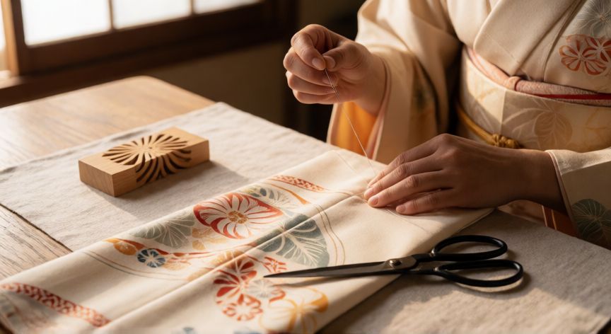 como coser un kimono japones, Manos cosiendo un kimono japonés tradicional con aguja e hilo de seda sobre mesa de madera