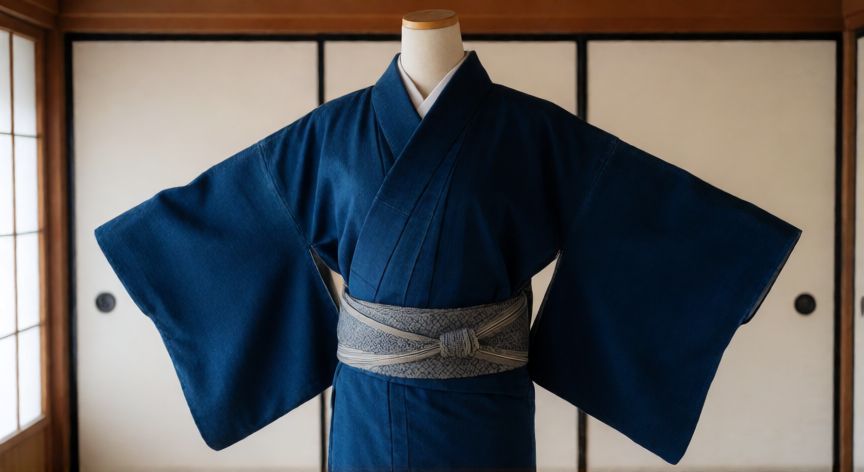 como coser un kimono japones, Kimono japonés terminado en algodón índigo exhibido en maniquí cilíndrico con obi decorativo