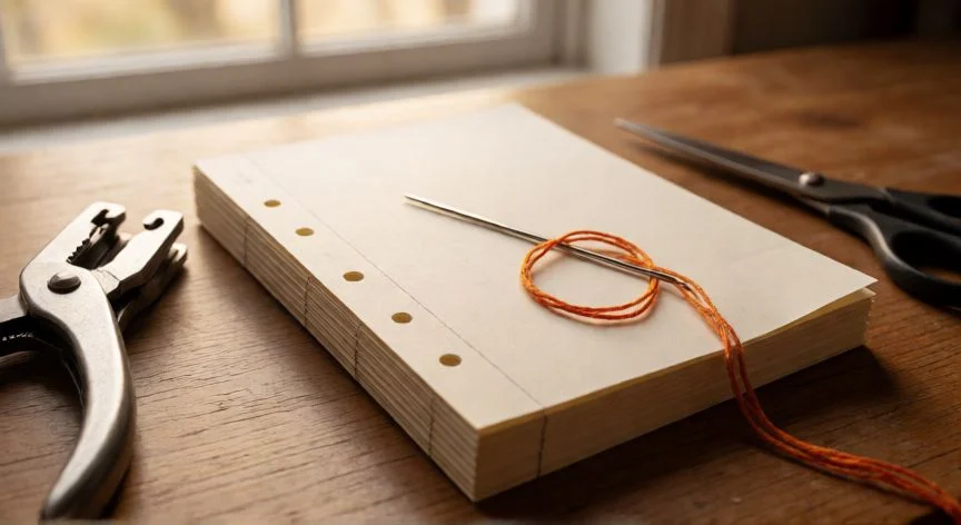 como coser un libro con 3 agujeros, Mesa de trabajo de encuadernación con pliegos perforados con 3 agujeros, aguja con hilo naranja y perforadora