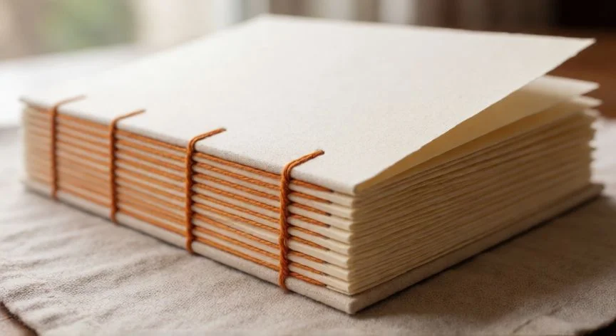 como coser un libro con 3 agujeros, Libro artesanal con lomo cosido visible de 3 estaciones, hilo naranja sobre páginas crema