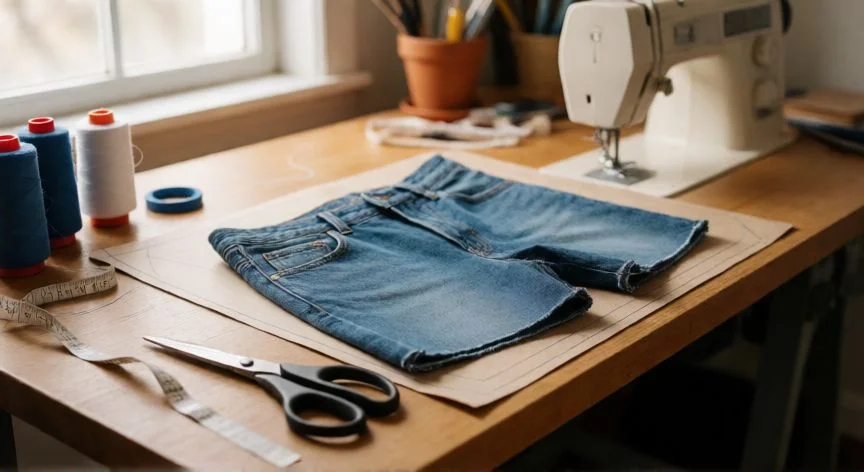 como coser un pantalon desde 0, Piezas de tela de un pantalón cortadas sobre mesa de costura con patrón y herramientas
