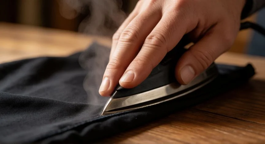 como coser un pantalon desde 0, Manos planchando una costura de pantalón con vapor sobre mesa de madera