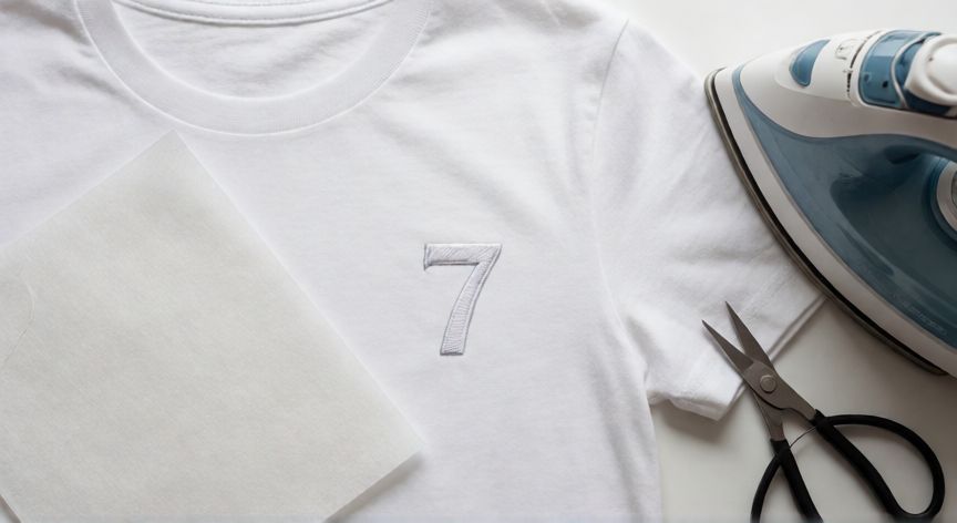 como coser un siete sin que se note, Camiseta blanca con número 7 bordado en hilo a tono sobre mesa de costura con herramientas