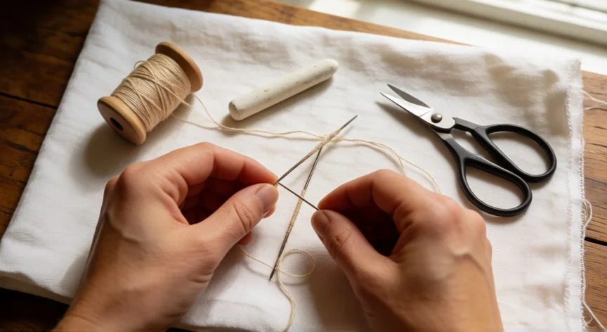 como coser un tejido a 2 agujas, Mesa de costura con dos agujas de mano, hilo, tiza textil y tela de lino sobre mesa de madera