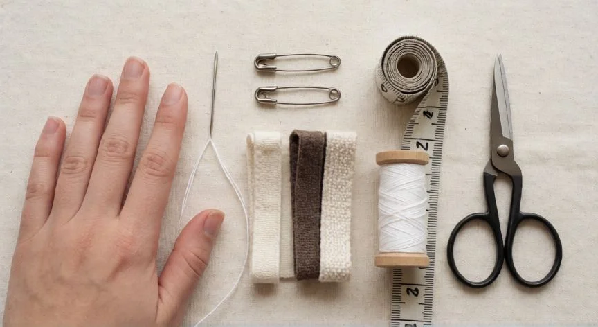 como coser un tirante a mano, Materiales de costura dispuestos en plano: aguja, hilo, tirantes de tela, alfileres y tijeras sobre lino crema
