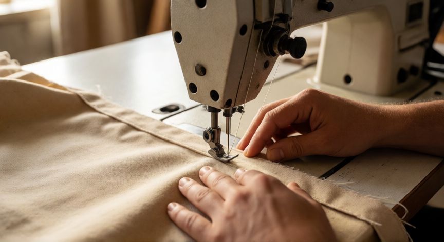 como coser un toldo descosido, Manos cosiendo tela de toldo gruesa en máquina de coser industrial con hilo de poliéster
