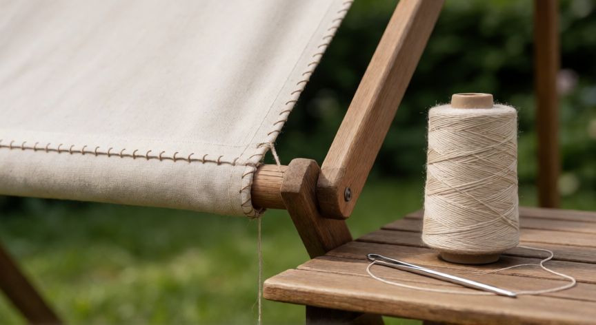 como coser un toldo descosido, Toldo reparado con costuras dobles visibles sobre estructura de madera en exterior