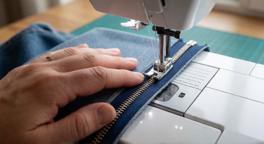 como coser una cremallera, Manos cosiendo una cremallera metálica en tela vaquero con máquina de coser y pie desmontado