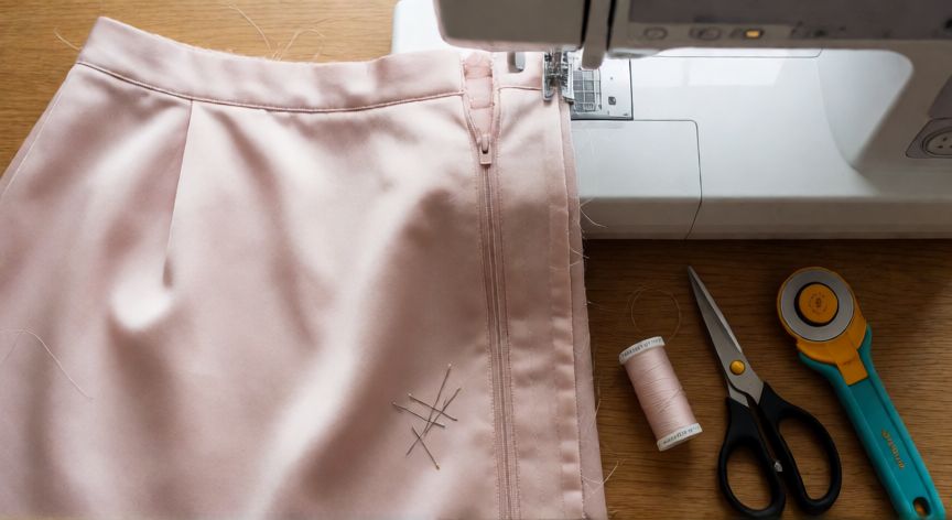 como coser una cremallera, Mesa de trabajo de costura con cremallera invisible cosiéndose en una falda de satén rosa